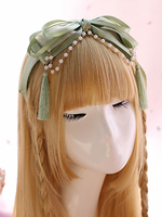 Coiffe Lolita Douce Bandeau Tassel Perle Satin Vert Clair Bandeau Lolita Vert Clair Déguisements Halloween