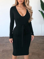 Col en V robes moulantes noires robes pull pour femmes manches longues à lacets robe ajustée robe tricotée