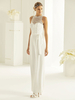 Combianaison de mariée tenue de mariage col montant en dentelle pantalon satin strech avec ceinture