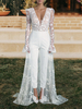 Combiansion de mariée tenue mariage civil col V manche longue avec traîne