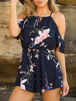 Combinaison 2021 Floral Eté Épaule Ouvert Boho Manche Courte Jambe Large Combinaison Femmes