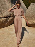 Combinaison Abricot Profond Col Rabattu Manches Courtes Boutons Stretch Polyester Droite Tenue Dété Une Pièce