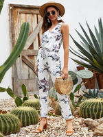 Combinaison blanche pour femme à col en V sans manches en polyester