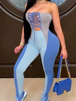 Combinaison bleue bloc de couleur sans bretelles sans manches découpé cordon de serrage sans bretelles Polyester coupe fuselée tenue dété une pièce