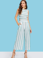 Combinaison bleue pour femmes rayures motif col bijou sans manches polyester large été une pièce tenue