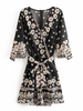 Combinaison bohème noire pour femme imprimé floral col en v manches 3/4 à lacets Polyester combinaison droite courte