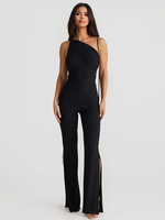Combinaison Chic Fendue Femme En Polyester Noire À Une Épaule Nue À Lacets