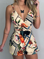 Combinaison Court Imprimé Fleurie Femme Eté Sexy avec Bretelles à Col Décolleté en V Coupe Cintrée avec Dos Nu