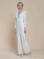 Combinaison de mariée en crêpe extensible avec boutons longueur au sol col en V manches longues taille naturelle ivoire
