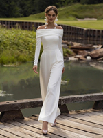 Combinaison de mariée en crêpe stretch plissée longueur cheville col bateau manches longues taille naturelle blanche