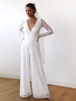Combinaison de mariée en dentelle tenue de mariée civil col V manche longue