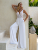 Combinaison de mariée en mousseline découpée longue jusquau sol col en V sans manches taille naturelle blanche