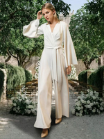 Combinaison de mariée en Polyester avec ceinture col en V manches longues taille naturelle ivoire