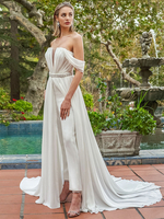 Combinaison de mariée ivoire 2025 avec ceinture et traîne combinaison de mariage sirène à col en V sans manches personnalisation gratuite