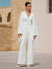 Combinaison de mariée tenue mariage col V manche longue boutonné sur dos au sol