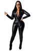Combinaison en Cuir Verni Long Femme à Col Décolleté en V avec Manches Longues Coupe Cintrée Unicolore