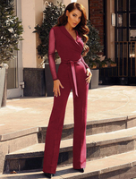Combinaison Femme À Col Rabattu Noué À Manches Longues Jumpsuit