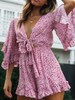 Combinaison Femme Boho Barboteuse Imprimé Floral Col En V Demi Manches Volants Noué Dété Combinaison