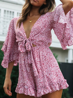 Combinaison Femme Boho Barboteuse Imprimé Floral Col En V Demi Manches Volants Noué Dété Combinaison