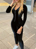 Combinaison femme café marron col en v manches longues fermeture éclair velours coupe fuselée été tenue une pièce
