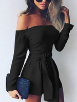 Combinaison Femme Courts Shorts Etés Moulants avec Manches Longues avec Epaules Dénudées Coupe Cintrée Unicolore Combinaisons Sexy