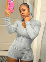 Combinaison Femme Gris À Capuche Manches Longues Boutons Coton Mélangé Combishort Été Maigre