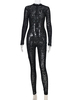 Combinaison femme noir imprimé léopard col bijou manches longues passepoil irrégulier Polyester coupe fuselée été tenue une pièce