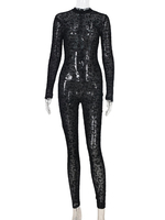 Combinaison femme noir imprimé léopard col bijou manches longues passepoil irrégulier Polyester coupe fuselée été tenue une pièce