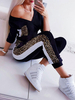 Combinaison Femme Noir Imprimé Léopard Col En V Manches Longues Combishort Skinny Polyester