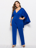 Combinaison grande taille pour femme bleu col en V demi-manches combinaison en polyester plissé tenue une pièce