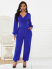 Combinaison grande taille pour femme bleu col en v manches longues combinaison en polyester plissé tenue décontractée dune seule pièce