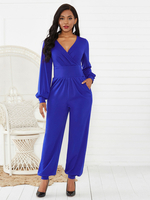 Combinaison grande taille pour femme bleu col en v manches longues combinaison en polyester plissé tenue décontractée dune seule pièce