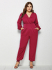 Combinaison grande taille pour femme bordeaux col en v manches longues combinaison en polyester plissé tenue décontractée une pièce