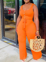 Combinaison grande taille pour femme col carré sans manches en polyester orange rouge combinaison