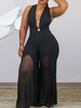 Combinaison grande taille pour femme Combinaison noire sans manches en polyester plissé à col en V