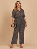 Combinaison grande taille pour femme noir col rabattu demi-manches volants Polyester large été une pièce tenue