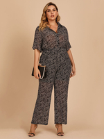 Combinaison grande taille pour femme noir col rabattu demi-manches volants Polyester large été une pièce tenue