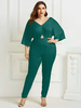 Combinaison grande taille pour femme vert col en v manches 3/4 longueur combinaison en polyester tenue décontractée une pièce
