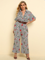 Combinaison grande taille pour femmes rayures noires motif col rabattu manches courtes imprimé Polyester tenue décontractée une pièce