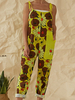 Combinaison jaune pour femmes motif imprimé col carré poches sans manches bretelles réglables irrégulières Polyester droite été tenue une pièce