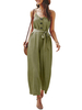 Combinaison large Hunter vert sans manches Backless Bouton Jumpsuit