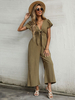 Combinaison Long Femme avec Manches Courtes Volante à Col Décolleté en V à Lacets Coupe Cintrée Unicolore