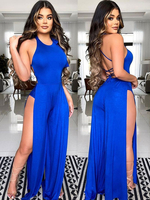 Combinaison Long Femme Fluide avec Bretelles à Col Rond Coupe Cintrée à Lacets avec Dos Nu avec Fente Unicolore Sexy