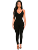 Combinaison Long Femme Moulant avec Bretelles à Col Décolleté en V Coupe Cintrée Unicolore