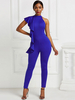 Combinaison Long Moulant Femme avec Volant avec Bretelles à Col Rond Coupe Cintrée Unicolore