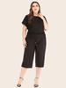 Combinaison noire grande taille pour femmes col bijou à manches courtes décontracté Lycra Spandex Polyester surdimensionné une pièce tenue