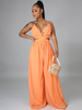 Combinaison orange col en V sans manches à lacets dos nu bretelles spaghetti polyester combinaison dété ample