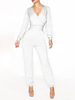 Combinaison-pantalon extensible à manches longues et col en V blanc