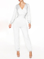 Combinaison-pantalon extensible à manches longues et col en V blanc
