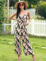 Combinaison rose imprimé fleuri col en V sans manches polyester tenue droite dété une pièce